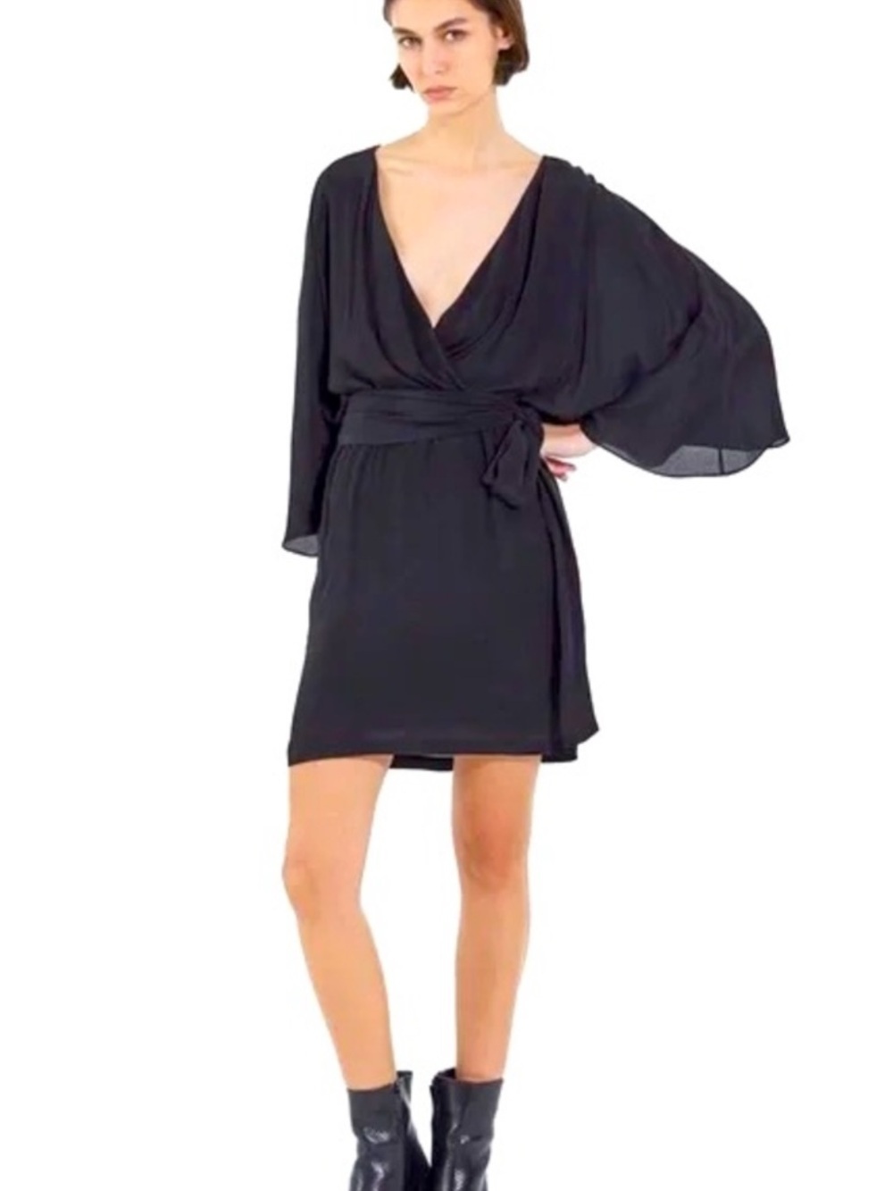 The Kooples Black Belted Modern Kimono Mini Dress Size 0/US-XS Silk Blend NWT
